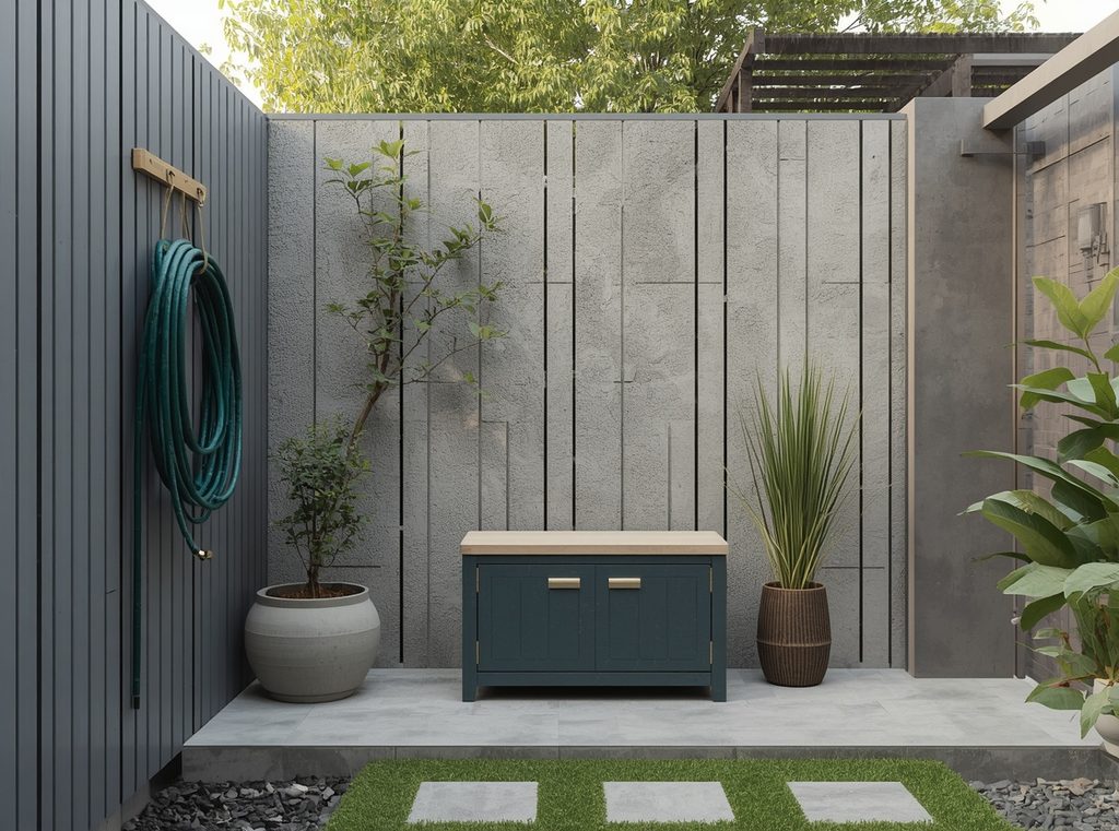 A tidy small backyard corner with a compact outdoor storage bench, neatly hung hose and simple greenery