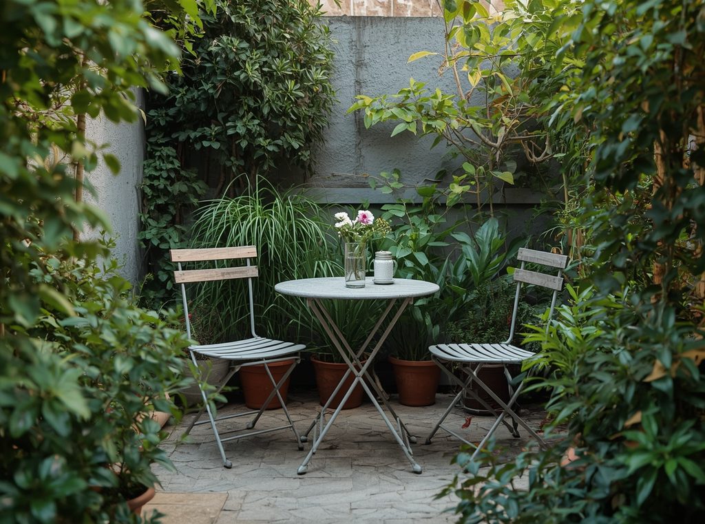 A tiny patio with a small round café table and two simple chairs surrounded by greenery