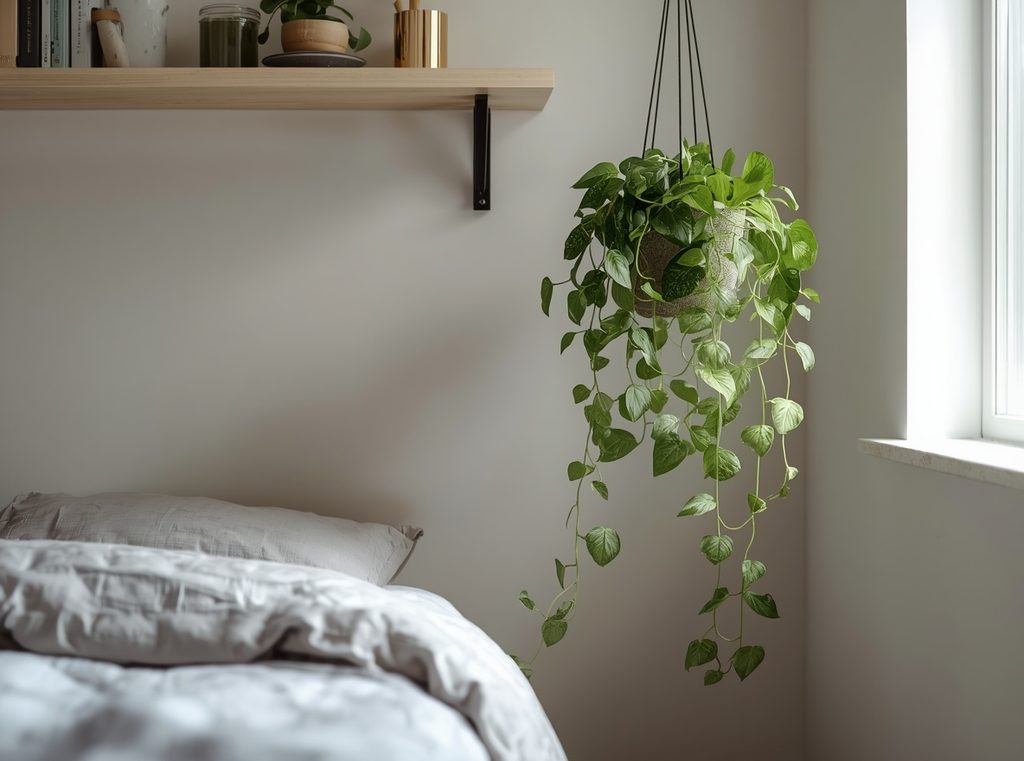 A trailing pothos plant hanging from a simple shelf beside a bed with soft natural light coming through the window