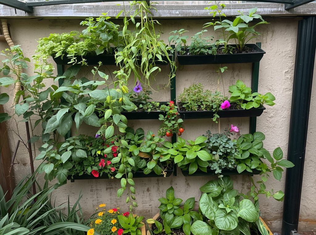 *A compact vertical garden on a small patio wall filled with herbs, trailing greenery and small flowers