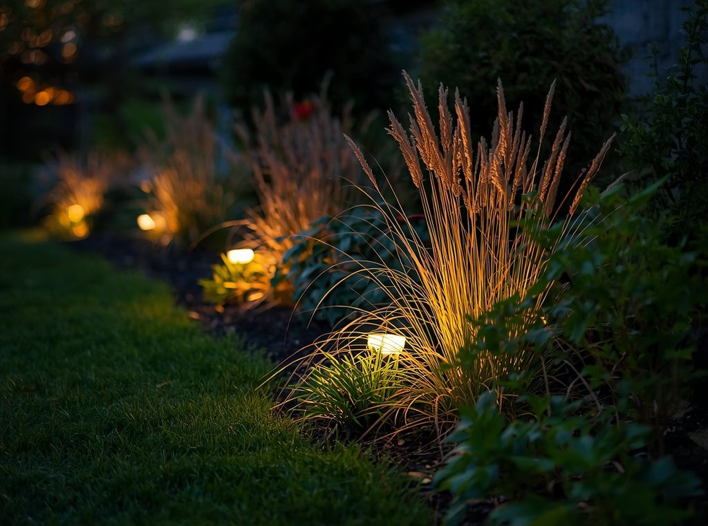 Low warm lights along a garden bed illuminating ornamental grasses and soft foliage without overpowering the space