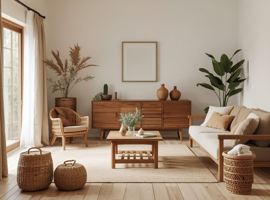 A warm natural living room with wood furniture, linen curtains, woven baskets, handmade pottery and soft greenery