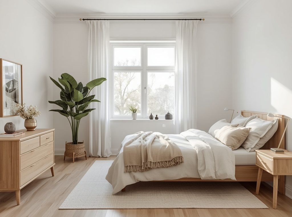 A warm neutral bedroom with one large leafy plant near the window, light wood furniture and soft linen bedding