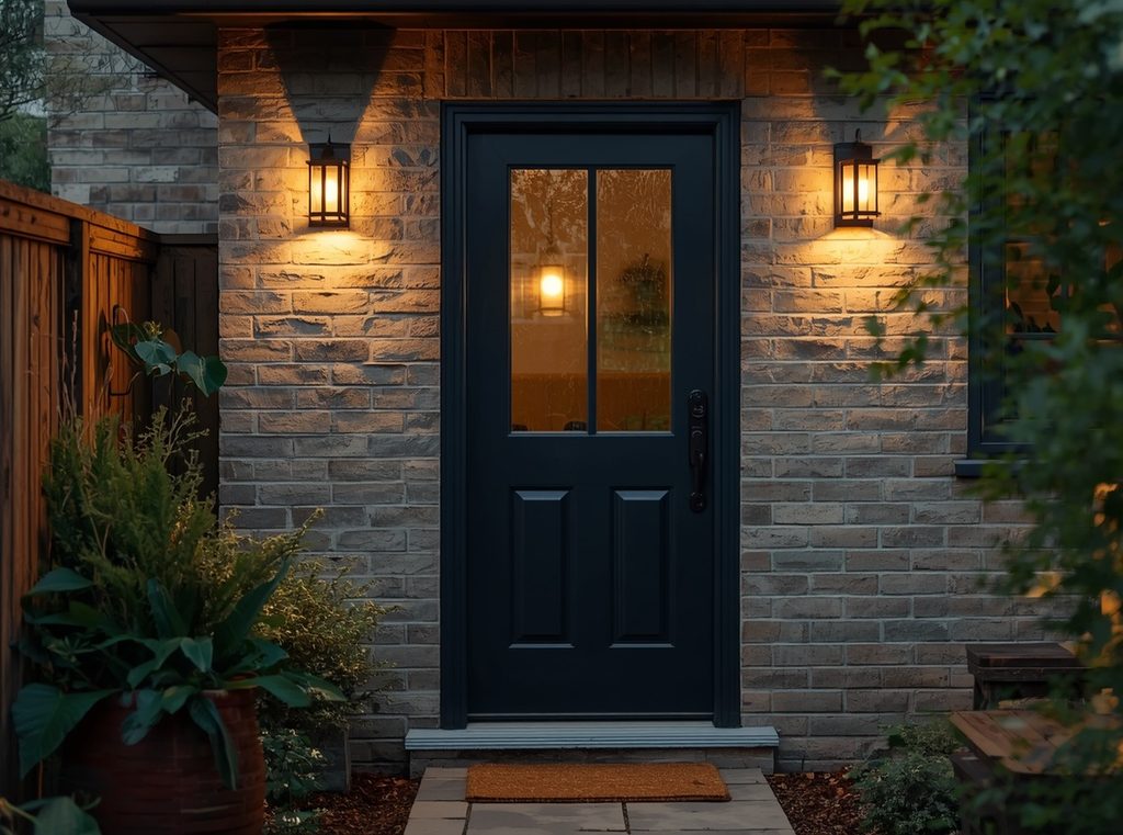 Simple warm wall sconces beside a back door casting soft light onto a small patio and nearby plants