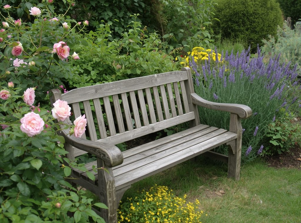 A weathered wooden bench tucked into a lush cottage garden surrounded by roses, lavender and soft greenery