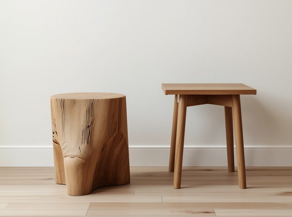 a worn natural wood stool, oak side table and visible wood grain against soft neutral walls