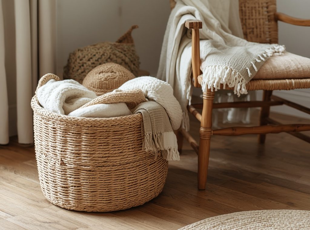 A woven basket filled with soft blankets beside a wooden chair in a warm, simple living room