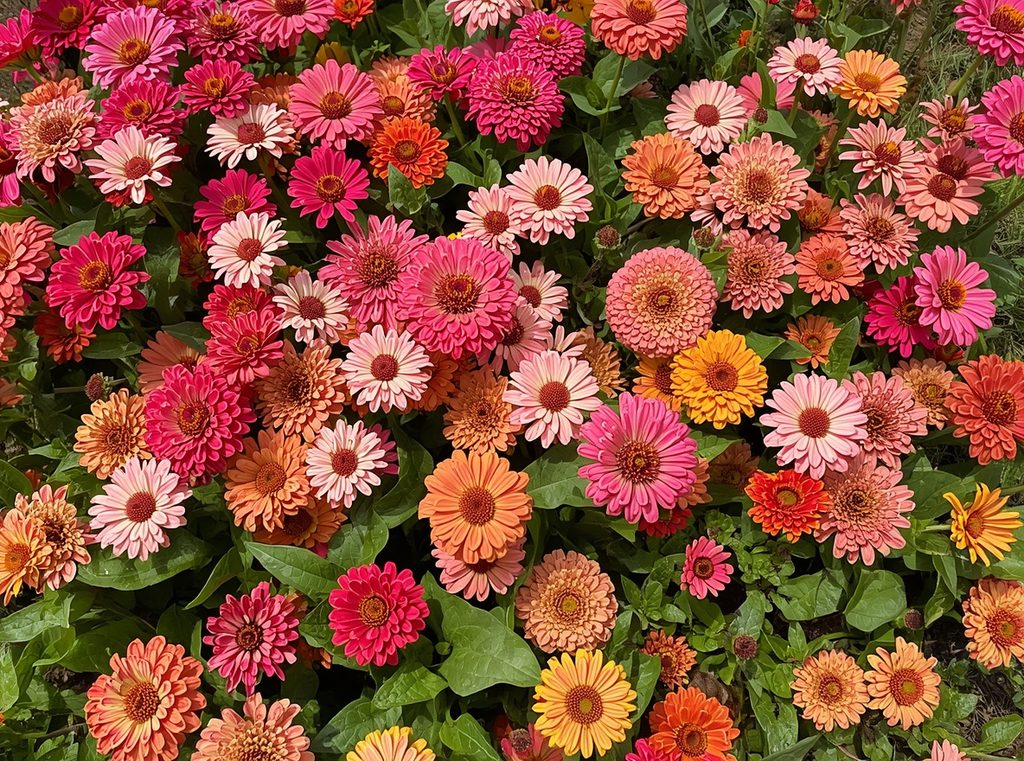 A sunny patch of zinnias in mixed pink, peach and orange